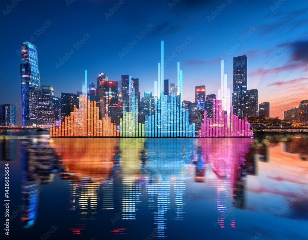 Poster a vibrant digital representation of data analytics with colorful bar charts reflecting on water agai