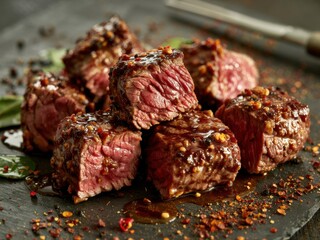 Sizzling steak bites prepared with spices and served on a wooden platter with a rich sauce