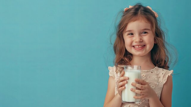 Portrait of cute smiling little girl with glass of milk on blue isolated background with copy space on left. World Milk Day banner - Powered by Adobe