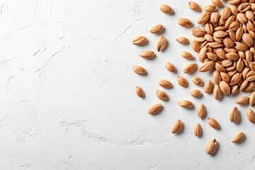 Roasted barley scattered on white textured surface