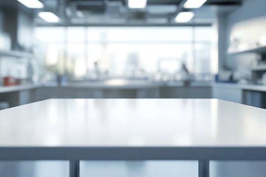White table with blurred laboratory background, bright modern room. It can be used to display products and design promotional materials.