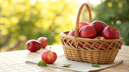 Red Apples in wicker basket on surface in Garden Bright Natural sunny day Background, Red Apples in basket