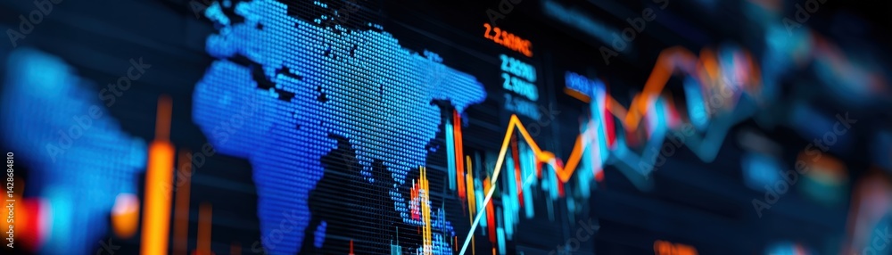 Poster a digital representation of a global map with overlaid stock market graphs, showcasing data trends a