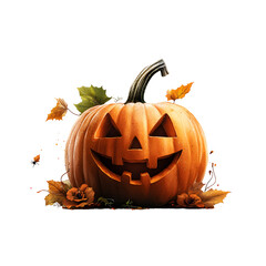 A carved Halloween jack o lantern pumpkin with autumn leaves and pine cones set against a white background
