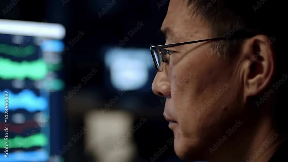 Poster focused man wearing glasses analyzing data on the computer monitor