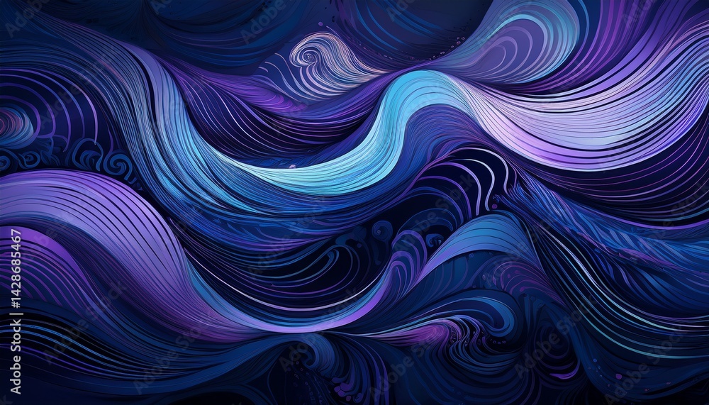 Poster abstract pattern featuring flowing waves and intricate lines in shades of blue and purple against a 