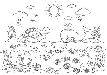 Playful underwater scene with turtle, whale, and fish beneath ocean surface in a fun sea life coloring book line art illustration