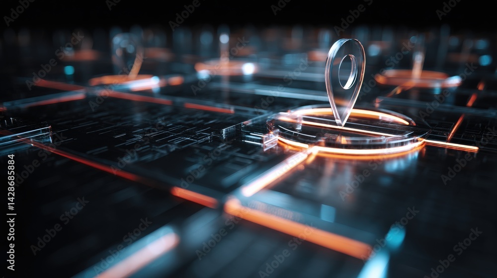 Poster a futuristic digital representation of location markers on a networked grid, with glowing lines and 