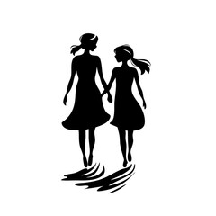 Mother leads daughter across puddles, graceful silhouette