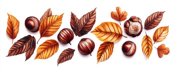 Fototapeta premium Autumnal arrangement of brown leaves and chestnuts on white background