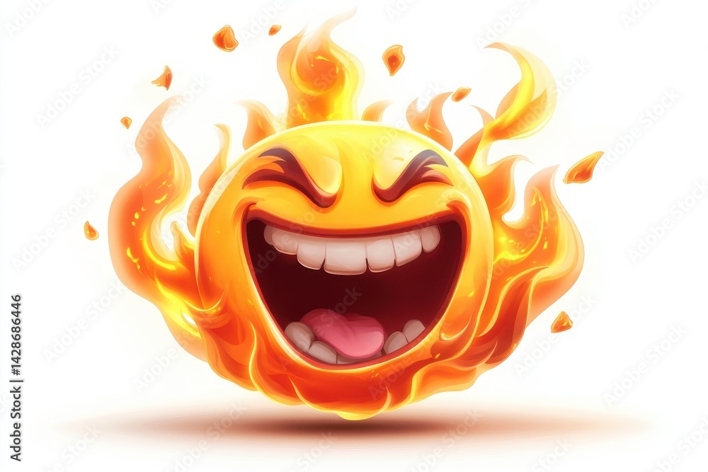 Poster Cheerful flaming smiley face representing joy and enthusiasm in a vibrant, dynamic design with energetic flames surrounding the happy expression