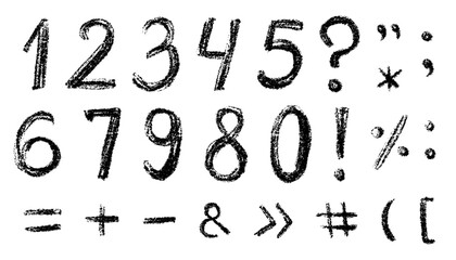 Grunge chalk vector numbers from 0 to 9. Dirty painted numbers with bold dry brush strokes. Hand-drawn typography elements for sale, discount, and business designs. Distressed characters set.