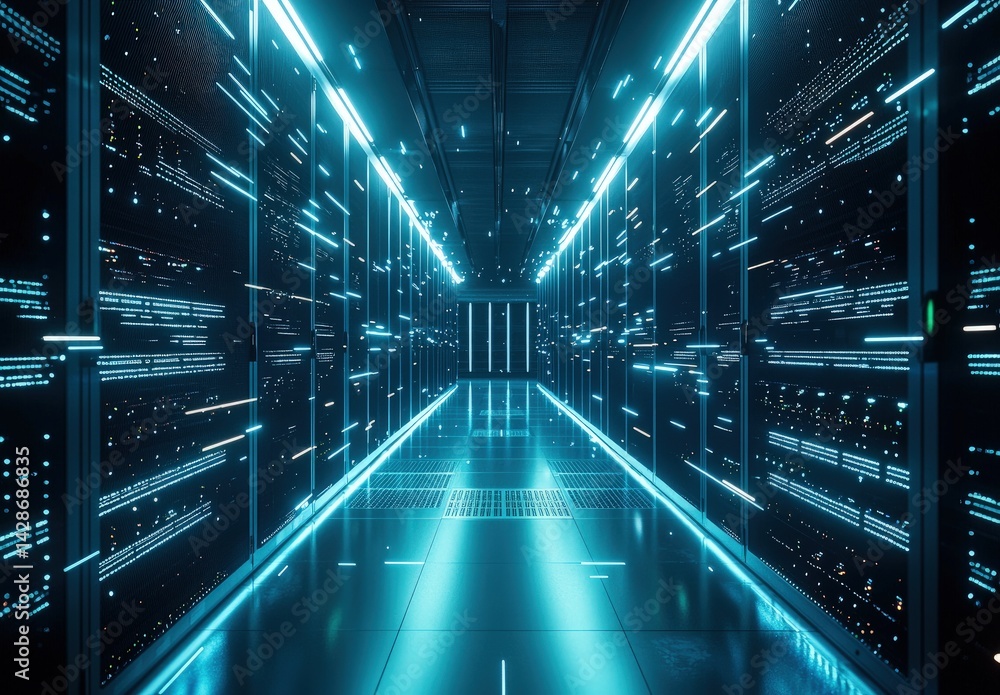 Poster Futuristic data corridor with streaming light trails and glowing server racks, symbolizing rapid digital transfer. Ideal for AI, big data, and cloud computing technology visuals