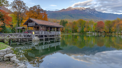 Fototapeta premium Autumnal Lakeside Cabin With Mountain View