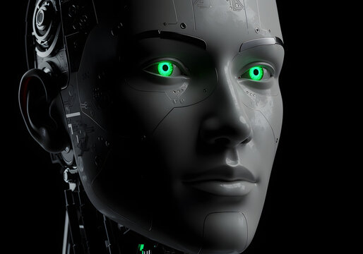 Realistic AI Robot Face with Glowing Green Eyes, Metallic Skin, Future Technology, Cyborg Concept.