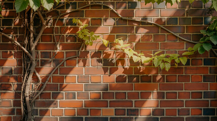 Burnt orange brick wall in sunlight, play of light and shadow from leaves, warm vintage tones and textured surface