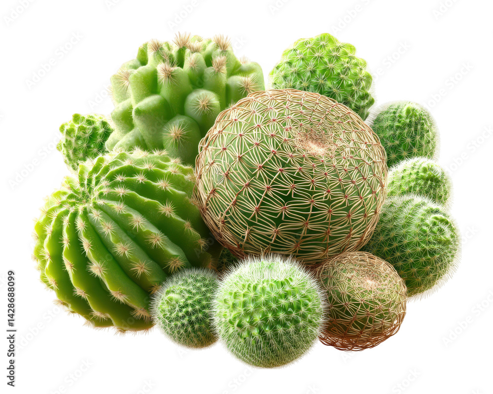 Poster cluster of mini cacti in various shapes and sizes, showcasing vibrant green colors and unique textur