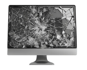 broken computer monitor with shattered screen, displaying chaotic pattern of cracks and fragments. This evokes sense of frustration and loss, highlighting impact of technology failure