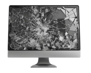 broken computer monitor with shattered screen, displaying chaotic pattern of cracks and fragments. This evokes sense of frustration and loss, highlighting impact of technology failure