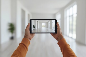 Realtor holding tablet showing virtual property tour in empty apartment
