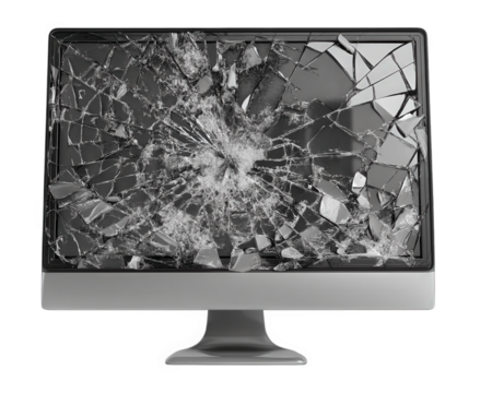 broken computer monitor with shattered screen, displaying chaotic pattern of cracks and fragments. This evokes sense of frustration and loss, highlighting impact of technology failure