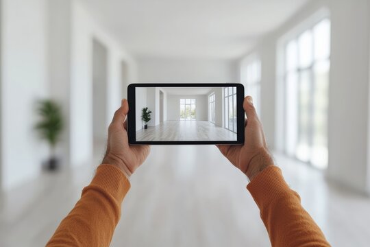 Realtor holding tablet showing virtual property tour in empty apartment