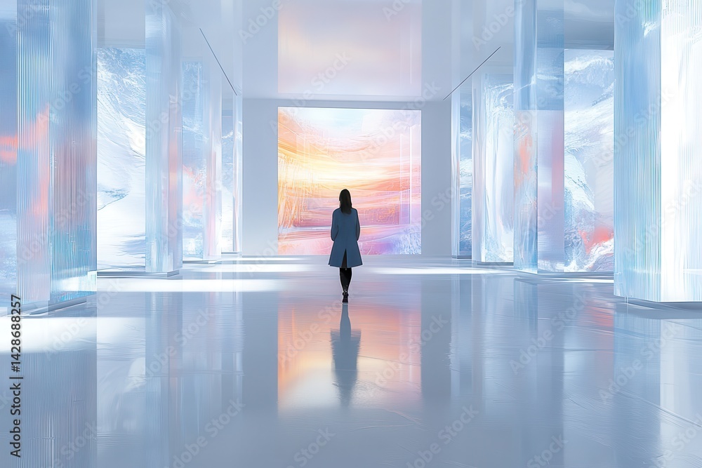Aufkleber Futuristic hallway featuring glowing walls and a sleek design in a modern architectural space during daylight