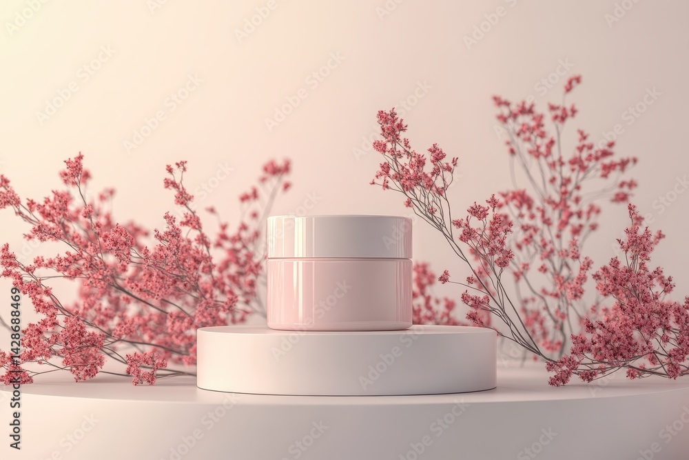 Poster decorative mint green container with golden lid displayed on a circular pedestal surrounded by dried