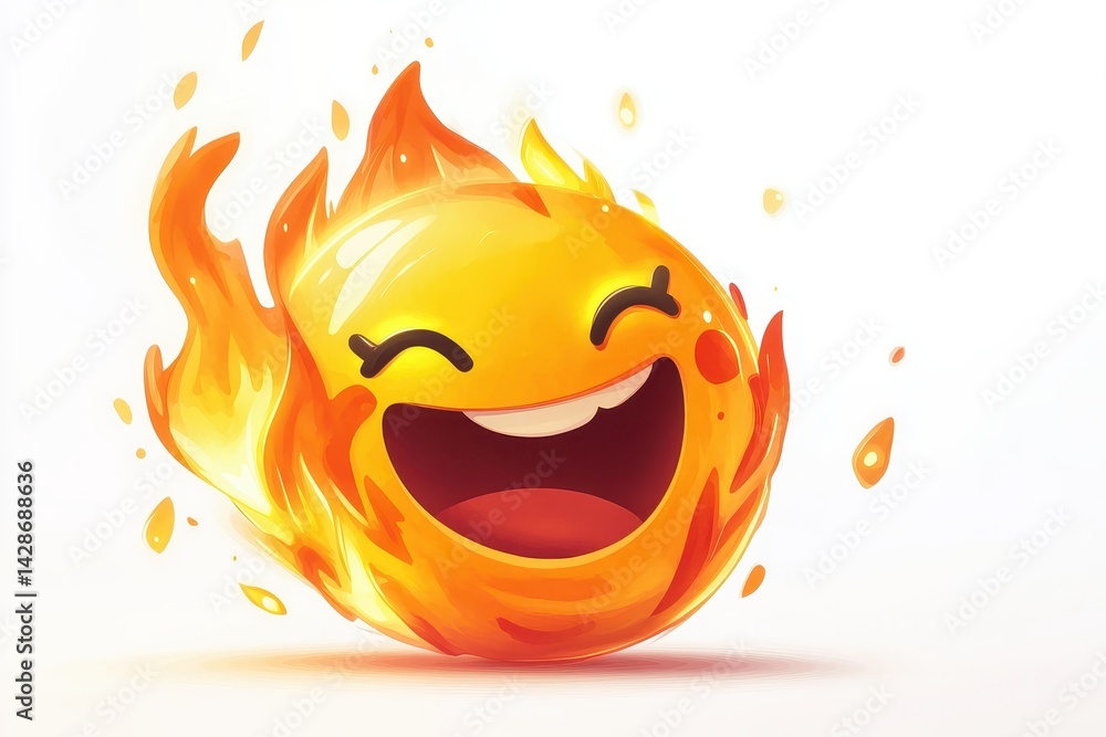 Poster Cheerful flaming smiley face representing joy and enthusiasm in a vibrant, dynamic design with energetic flames surrounding the happy expression