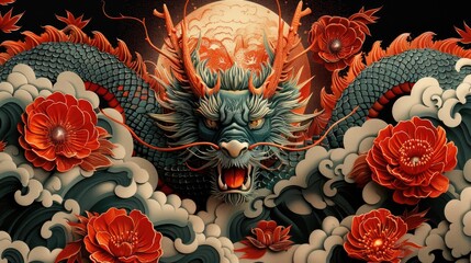 a magnificent japanese yakuza tattoo, single dragon, 4k texture, seamless, symmetry 