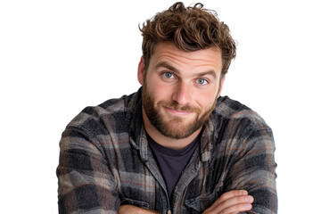 Fototapeta premium Smiling man in casual shirt posing with arms crossed against backdrop