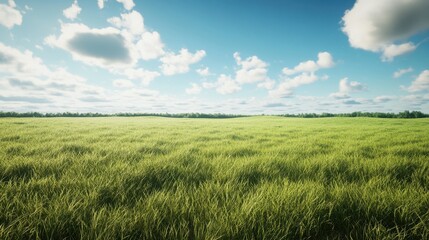 Obraz premium Expansive green field under a bright blue sky with fluffy clouds.