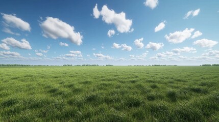 Obraz premium Expansive grassy field under a bright, cloud-dotted blue sky.
