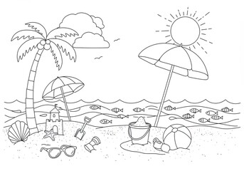 Tropical beach with palm tree, sandcastle, and ocean fish in a fun summer coloring book line art illustration