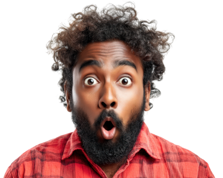 Surprised man with curly hair and beard, wearing red plaid shirt, expressing shock and amazement. His wide eyes and open mouth convey strong emotional reaction