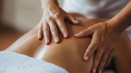 Fototapeta premium Hands gently massaging the back of a person in a tranquil spa setting.