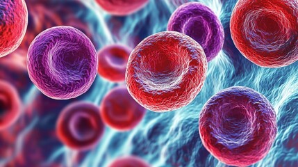 The image features a microscopic view of cells, showcasing red and purple spheres against a blue background, representing biological structures.