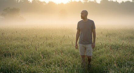 Man taking a deep breath during a walk through tall grass in the early morning, dew on the plants, serene atmosphere, subtle sunlight catching water droplets