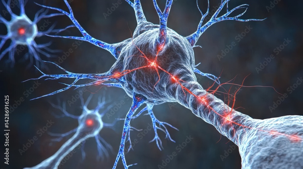 Poster a detailed illustration of a neuron, showcasing its structure and connections, highlighting the comp