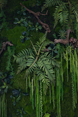Fototapeta premium wall with green moss and plants for interior decor, vertical shot, earth day background
