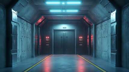 Fototapeta premium Futuristic, dimly lit corridor with neon lighting and metallic walls.