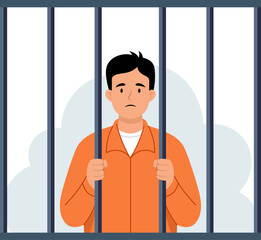 Illustration of a man in an orange prison uniform standing behind prison bars with a sad or contemplative expression.