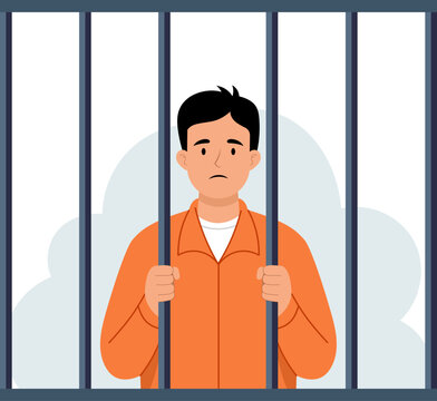 Illustration of a man in an orange prison uniform standing behind prison bars with a sad or contemplative expression.