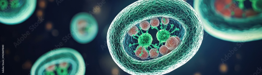 Poster a vibrant illustration of microorganisms, showcasing cellular structures with intricate details in a
