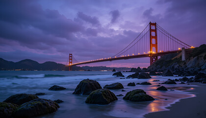 Golden Gate Twilight: City Lights Beneath a Purple Indigo Sky