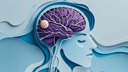 The brain model shows tumors, representing themes related to brain cancer prevention and treatment, conveying the concepts of brain disease cognition, prevention, and patient care.