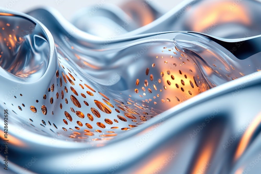 Poster Intricate metal texture displaying flowing forms with luminous elements in a futuristic abstract setting