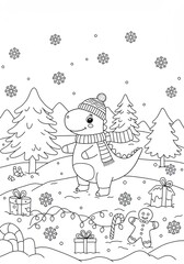 Cute dinosaur in winter clothes with snowflakes, candy canes and pine trees in a festive holiday coloring book line art illustration