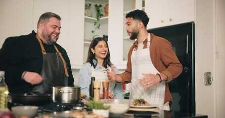 Cooking, chef and people with high five in kitchen for culinary skills, food prep success and learning support. Class, professional and couple with celebration for gourmet recipe progress or teamwork