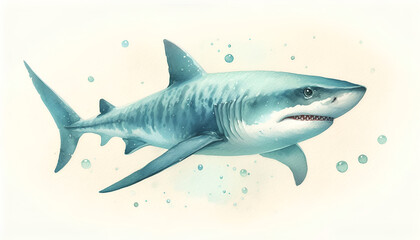 Fototapeta premium Great white shark isolated. Watercolor drawing of a great white shark. Underwater predator